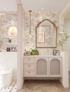 Meuble-lavabo simple de style shabby chic français, élégant et romantique, avec miroir à bord doré, série rose - Product Image 4