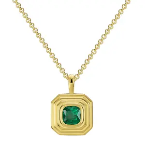 2024 Spring summer Design necklace women brass gold-plated octagon inlaid green zircon pendant necklaces