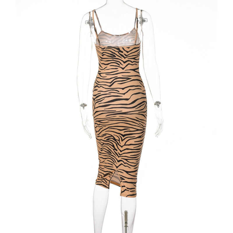 Tiger Print Sleeveless Tight Elegant Midi Dress Fall/winter