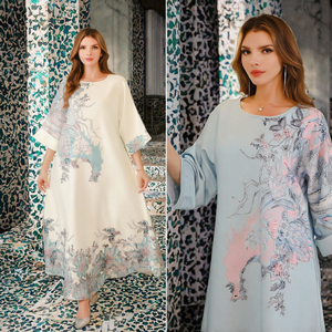 Elegante Abaya Musulmana de Verano para Mujer, Estilo Oriental, en Poliéster, con Pedrería Fija, Largo hasta el Tobillo, con Estampado Floral, para Oración - Product Image 3