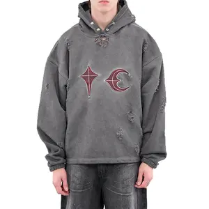 Finch garment 350 gsm french terry heavyweight pullover gray washed hooded distressed embroidered hoodie men