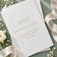 Cartes de mariage personnalisées « Save the Date » en papier coton blanc, motif floral gaufré, vente en gros, fabricant OEM, fournisseur d'usine, design élégant