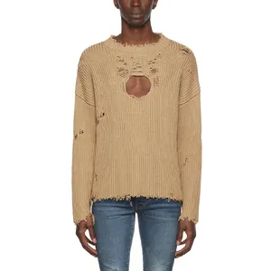 Мужская винтажная потертая трикотажная рубашка из 100% хлопка с длинными рукавами, рваный пуловер, трикотажный свитер