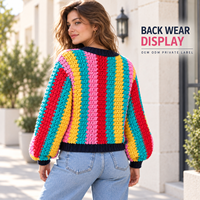Cardigan en crochet personnalisé pour femme, motif arc-en-ciel, boutons sur le devant, manches longues bouffantes, manteau en tricot pour un style décontracté au quotidien