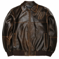 Blouson aviateur en cuir d'agneau vieilli marron rétro personnalisé, avec broderie 3D OEM, en cuir véritable