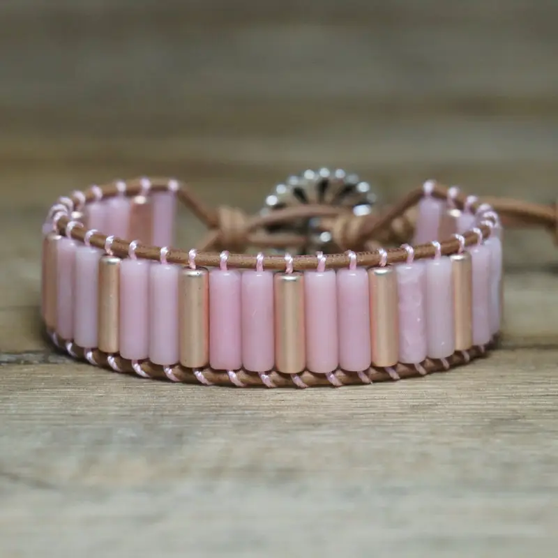 Gelang Opal merah muda antik untuk wanita perhiasan buatan tangan dapat disesuaikan batu permata cantik gelang Boho manik-manik