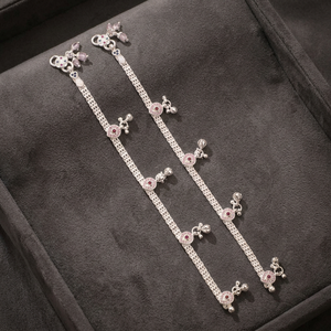 Paire de chevillères en argent sterling 925 avec pierre rose et motif floral, Ghungroo fantaisie, Payal indien traditionnel pour mariée, bijoux de pied pour femme - Product Image 2