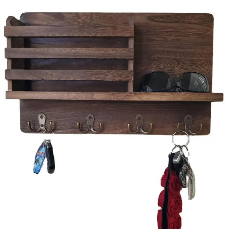 Entryway Mudroom Mail Holder Rack Mail Sorter Organizer With 4 Double Key Hooks Wall Mounted Wooden Key Holder