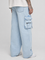 Jean baggy classique mi-lourd taille haute avec poches sur les cuisses, délavage Monkey, pantalon cargo 6 poches, coupe ample pleine longueur, été