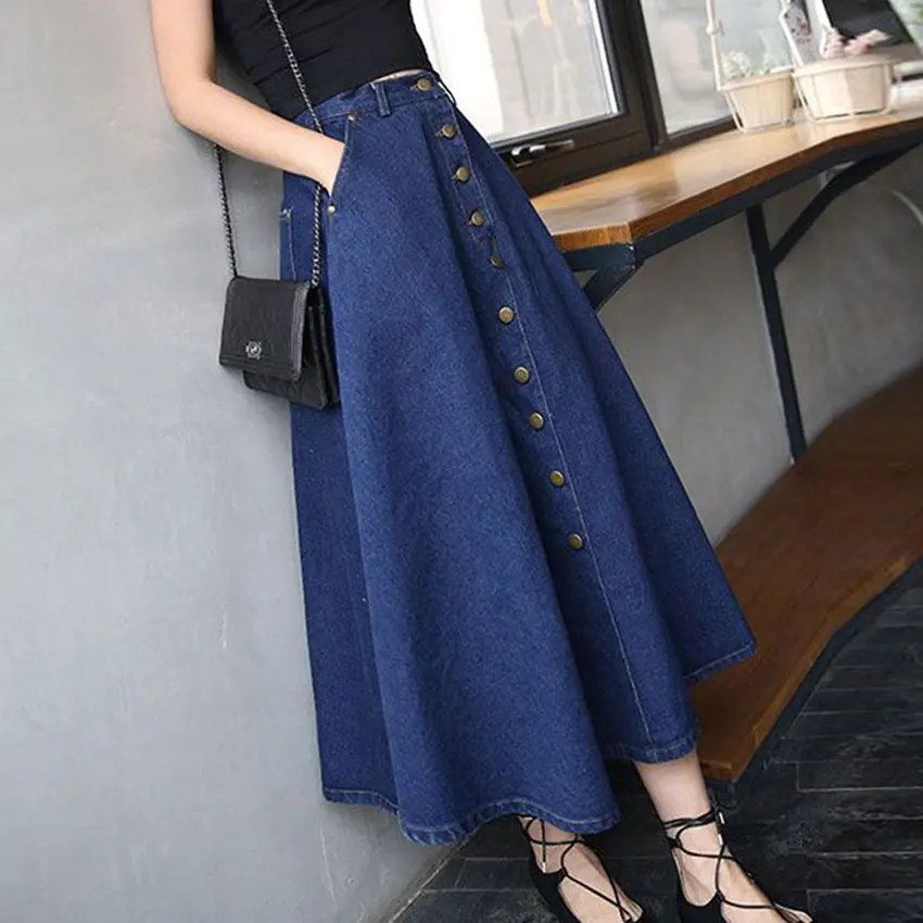 Wholesale New Style Woman Casual Blue Loose Denim Jeans Long Skirts De Longitud Media Lady Jean Falda