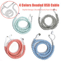Câble de charge USB pour téléphone portable imprimé damier 3-en-1 avec perles, câble de données décoratif multi-interface, accessoire de chargeur de téléphone mobile