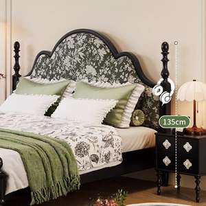 Lit plateforme imprimé européen rembourré de style rétro <span class=keywords><strong>français</strong></span> Crème Bois massif du milieu du siècle Élégant Chambre principale Grand lit de mariage - Product Image 3