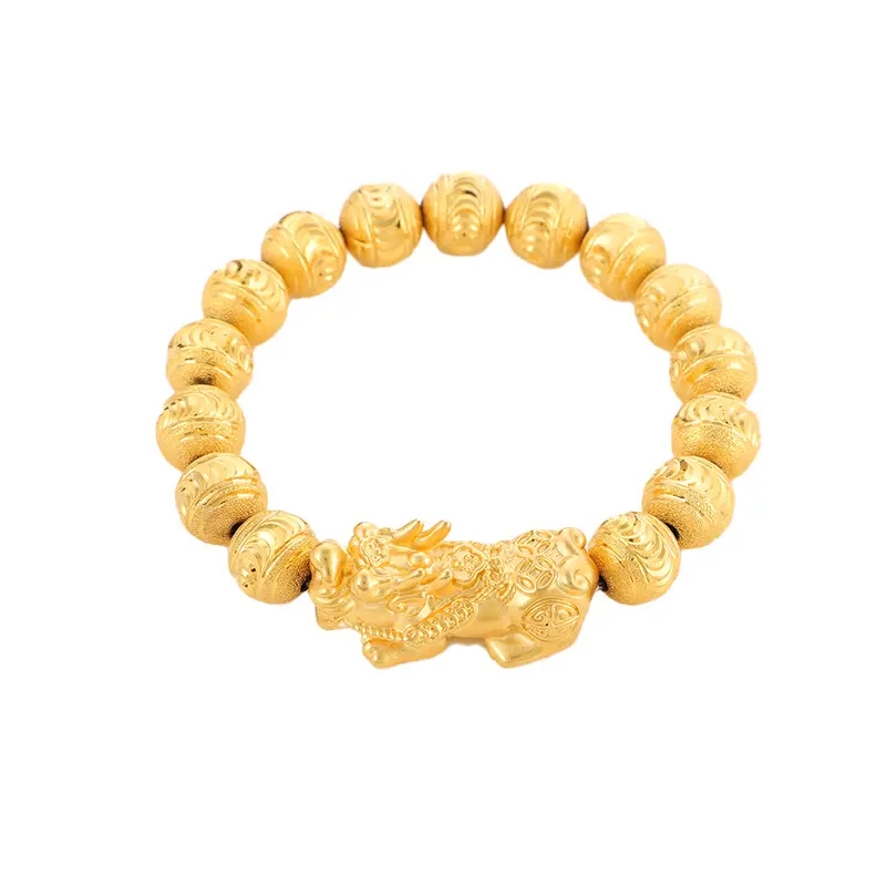 RisingMoon Pixiu Bracelets 12mm Alloy Bead 24K Gold Plated Wealth Good Luck Copper Feng Shui Bracelet