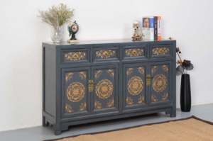 Madia Premium Grigia Effetto Invecchiato con Motivi Auspicali Dorati Dipinti a Mano, Maniglie in Ottone, <span class=keywords><strong>Mobile</strong></span> Contenitore Multifunzione per Ingresso - Product Image 2