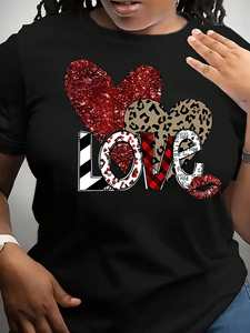 T-shirt da donna taglie forti con stampa di cuori e lettere d'amore, casual, a maniche corte, girocollo, primavera estate, 100% cotone - Product Image 3