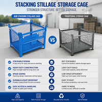 Cage de stockage en fil d'acier robuste OEM bleue, taille personnalisée, avec loquet de porte basculante et support de levage pour entrepôt et centre de distribution