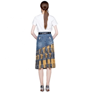 Conjunto de <span class=keywords><strong>Falda</strong></span> Casual Combinada <span class=keywords><strong>con</strong></span> <span class=keywords><strong>Falda</strong></span> <span class=keywords><strong>Vaquera</strong></span> Lavada Tejida, Conjunto de Dos Piezas, <span class=keywords><strong>Camiseta</strong></span> Transpirable de Manga Corta Blanca de Verano - Product Image 5