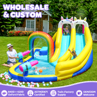 Aire de jeux gonflable personnalisée pour enfants, thème licorne, avec fosse à balles, château gonflable et toboggan aquatique