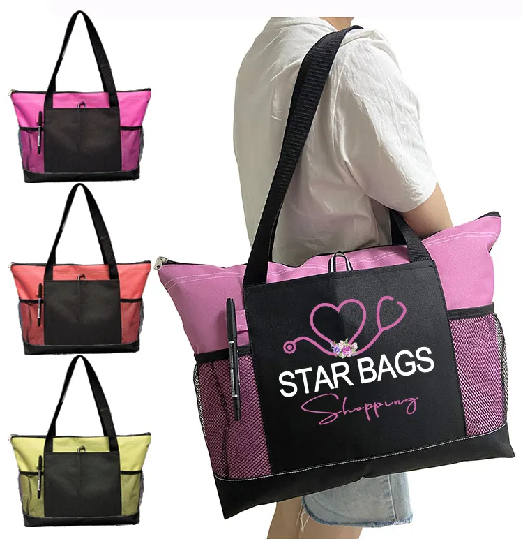 Small MOQ Ready To Ship Large capacity Women Nurse Totes Bags Polyester Utility Tote Teacher Bag With Front Two Packets