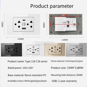 Enchufe de interruptor USB estándar americano de EE. UU. Tipo <span class=keywords><strong>118</strong></span> con NFC 15A Max. Vidrio templado actual Estilo de seis orificios Tailandia y Vietnam - Product Image 3