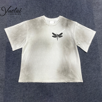 T-shirt Col Rond Oversize en Coton Épais Effet Vieilli Impression DTG Coupe Boxy Manches Courtes Graphique Délavé Streetwear Été