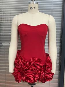 Vestido Mini Corsé sin Tirantes para Mujer, Vestido de Fiesta Ajustado con Volantes de Rosas 3D, Vestido de Noche Elegante sin Espalda con Cordones para Club - Product Image 6