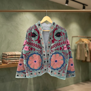 Floral Embroidered Cotton <b>Jacket</b> <b>Women</b> Stand Collar Full Sleeve Prairie Chic <b>Spring</b> Outerwear Handmade Open Stitch Suzani Coat - Product Image 3