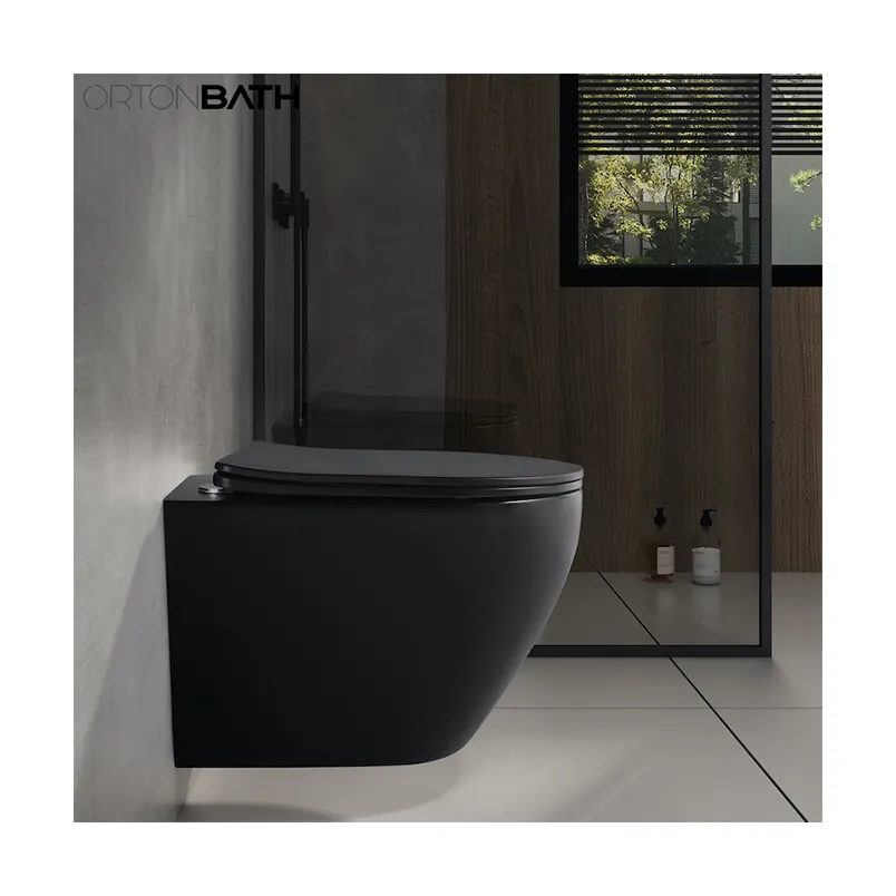 ORTONBATH WC Tanpa Bingkai, Dudukan Dinding Modern/Matt Hitam/Keramik/dengan UF Slim Lembut Menutup WC Memanjang Dinding Tergantung Toilet