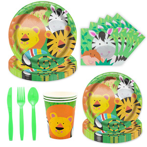 Articles de fête <span class=keywords><strong>d</strong></span>'anniversaire sur le thème du safari, assiettes en papier jetables, serviettes, gobelets, nappe, bannière HBD pour la <span class=keywords><strong>d</strong></span>écoration de fête sur le thème des animaux de la jungle - Product Image 3