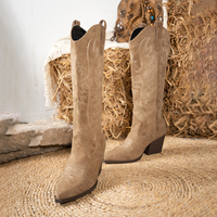Bottes Western Femme en Daim Premium à Enfiler, Brodées, Antidérapantes, à Talon Épais, Hauteur Genou, Vente en Gros Usine, Personnalisables