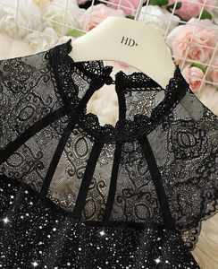 <span class=keywords><strong>Abito</strong></span> <span class=keywords><strong>midi</strong></span> nero con <span class=keywords><strong>paillettes</strong></span> e colletto in pizzo, senza maniche, con orlo asimmetrico, per feste, da donna - Product Image 6