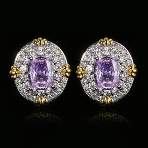Parure de bijoux vintage écologique en cuivre et zircon violet plaqué or, avec collier et boucles d'oreilles en zircon cubique 10*14-6*8mm pour femme - Product Image 4