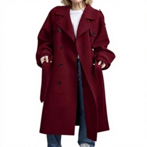 Abrigo de lana borgoña para mujer, doble botonadura, cuello con muescas, largo maxi, ropa de abrigo de invierno - Product Image 1