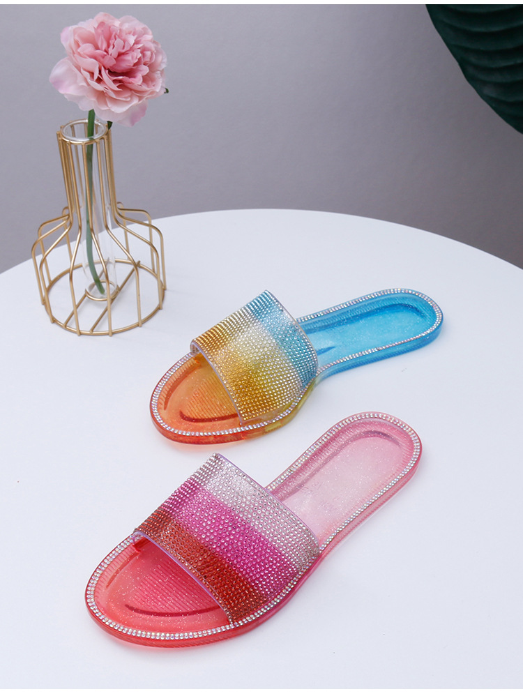 Summer Beach Slippers Ladies Crystal Rhinestone Sandals Women PVC Flat Slides Shoes