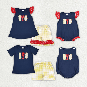 Ensemble barboteuse et short en vichy jaune avec applique homard nautique pour bébés garçons et filles - Product Image 1