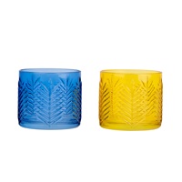 Porte-bougies en verre à motif de feuilles en relief bleu et jaune pour la table, les mariages, la décoration de la maison et les fêtes