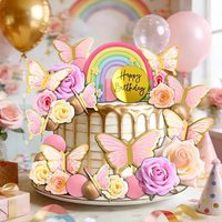 Schmetterling-Rosen-Geburtstagstorten-Deko-Set, Happy Birthday Regenbogen-Blumen-Tortendekoration, Rosa Party-Zubehör, Kuchen-Dekoration