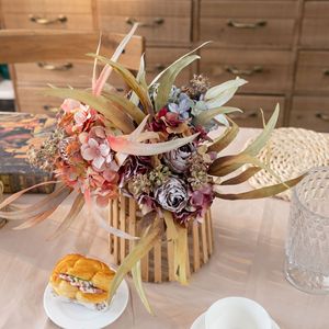 Bouquet de fleurs artificielles Sakura Kokoro, notes d'élégance, rose, orange, rouge rosé, bleu, beige, café, pour décoration de mariage, en tissu tissé - Product Image 1