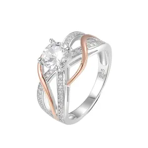 Vork Handvat Verloving Vrouwen Ring 925 Sterling Zilveren Sieraden Rond Lab Groei Diamant Bruiloft 18K Roségouden Ring