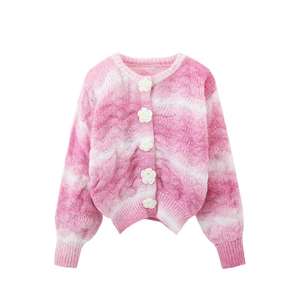 Manteau pull cardigan en tricot épais pour femmes avec boutons floraux teints d'automne - Product Image 2