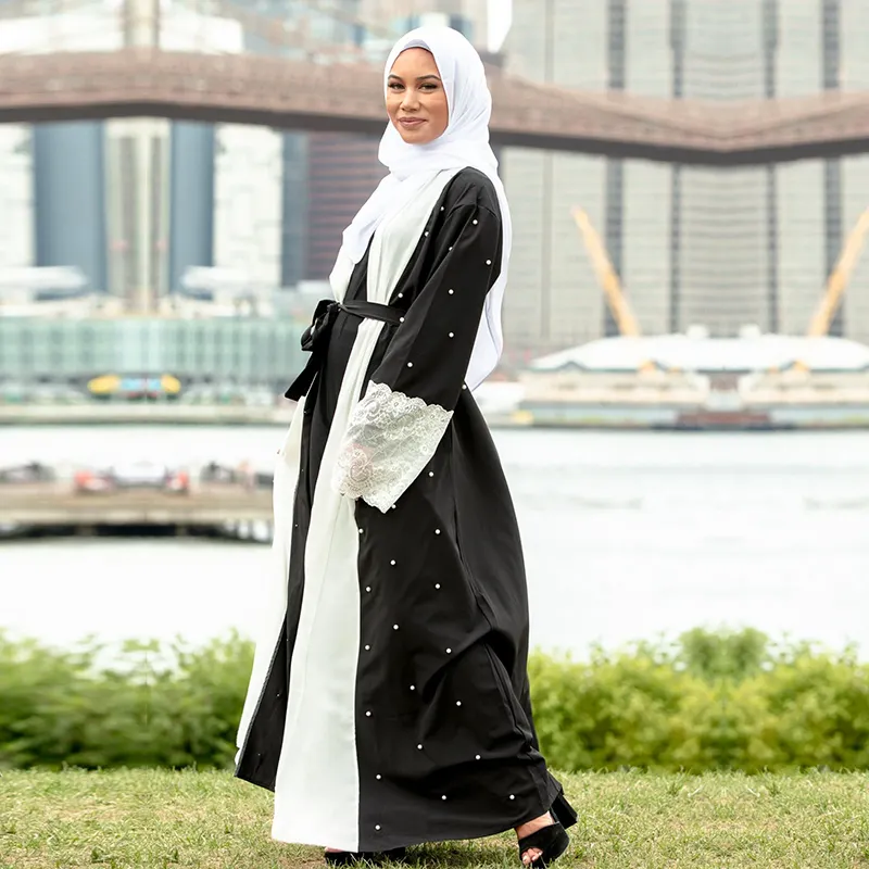2024 New Design Dubai Pearl Abaya Custom Black White Pearl Open Front Abaya Dress With Lace Sleeves Islamic Clothing
