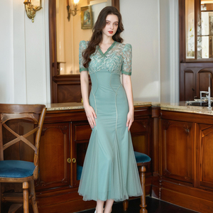 ZYHT 21099 Nuovo Abito Sexy, <span class=keywords><strong>Vestito</strong></span> a Maniche Corte con Scollo a V, Pizzo, Aderente a Sirena, Elegante Abito da Damigella per Feste da <span class=keywords><strong>Donna</strong></span> - Product Image 3