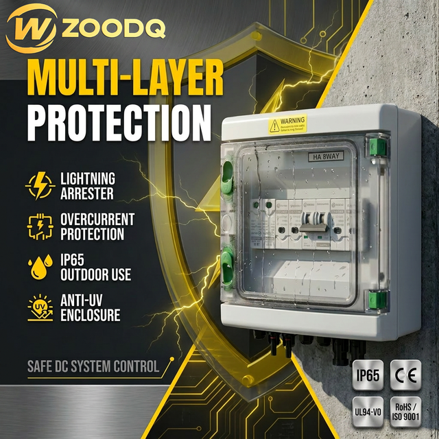 600VDC 2 Input 1 Output Solar PV Combiner Box IP65 Waterproof Anti-UV Flame Retardant Junction Box with MCB SPD Fuse