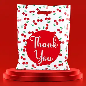 Plastic Glossy Retail Bags Red Cherries and Thank You Design Die Cut Merchandise Bags