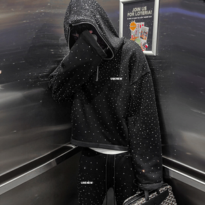 Custom Rhinestone Logo Heavyweight 100% Cotton Black Sweatsuit Streetwear High Quality Acid Wash Vintage Jogger Men <strong>Tracksuits</strong> - Product Image 4