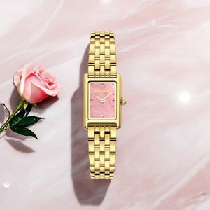 Reloj de Lujo de Alta Gama para Mujer, Cuadrado, Dorado, con Moissanita, Resistente al Agua 30m, Esfera Blanca con Ópalo Rosa, Movimiento de Cuarzo Japonés, Correa de Cuero - Product Image 1