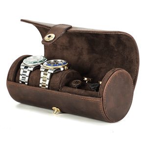 Étui de voyage pour montre en cuir véritable Crazy Horse rétro, deux emplacements pour montres, rangement à boutons, boîte organisatrice cylindrique portable - Product Image 4