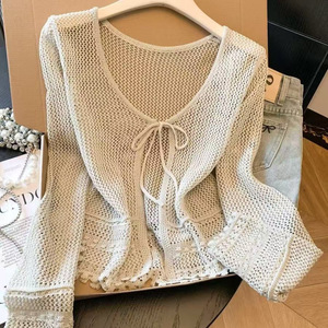 Cárdigan corto de punto calado para mujer Dalang, manga tres cuartos, suelto, fino, transparente, capa protectora solar de verano, chal. - Product Image 1