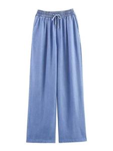 بنطلون جينز نسائي طويل كامل الطول، قابل للتنفس، منسوج، بتصميم كلاسيكي مستقيم، بخصر متوسط مع رباط، لون أزرق كاجوال - Product Image 1