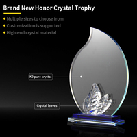 Trophée en cristal transparent gravé sur mesure, design feuille, vente en gros, trophée artisanal en verre cristal